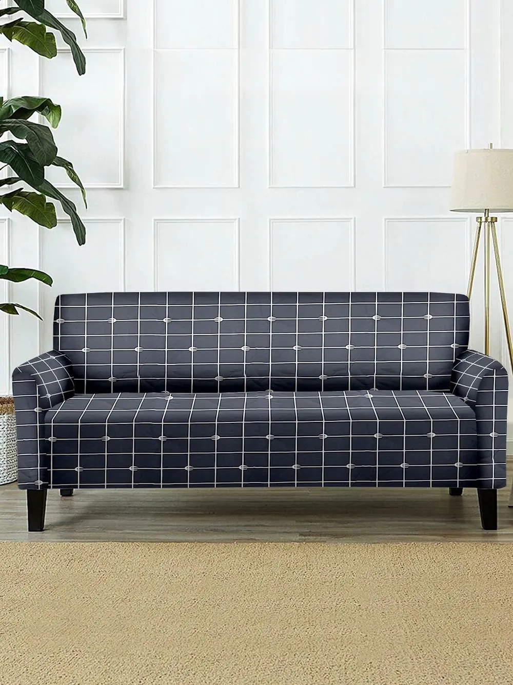 Cortina Spandex Stretchable Grey & White checkered Sofa Slipcover One Seater Sofa Slipcover
