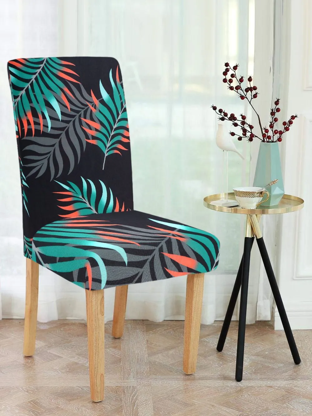 Cortina Spandex Stretchable Leaf Printed Elastic Black Chair Cover Pack of 2