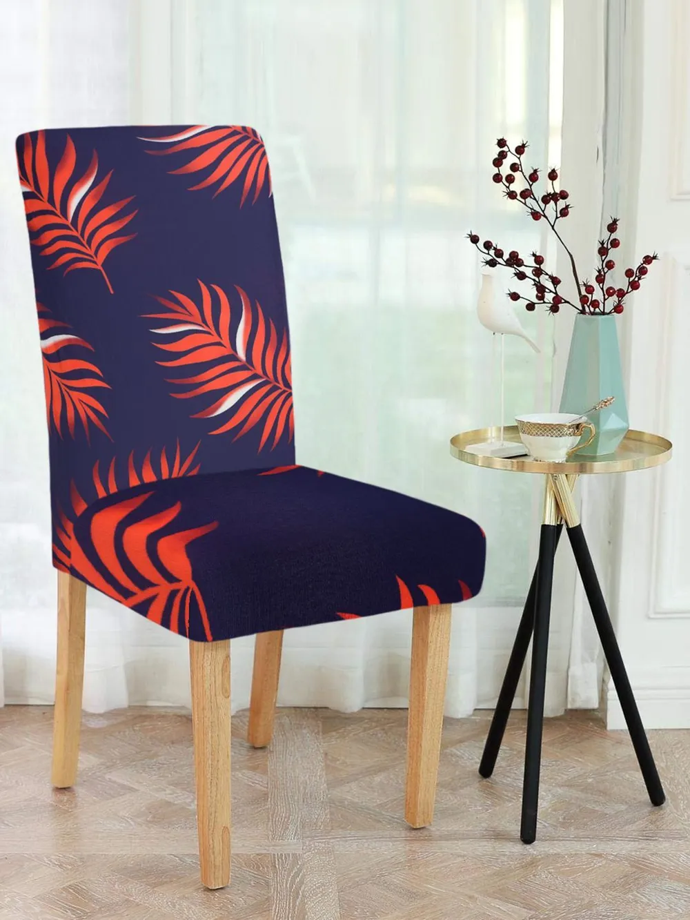 Cortina Spandex Stretchable Leaf Printed Elastic Navy Blue Chair Cover Pack of 2