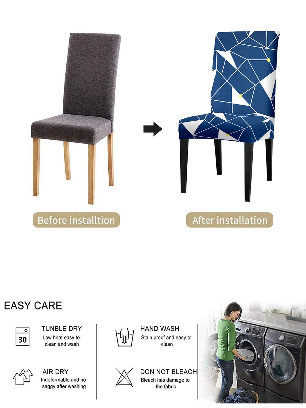 Cortina Spandex Stretchable Navy Blue Geometric Print Polyester Chair Cover Set of 2