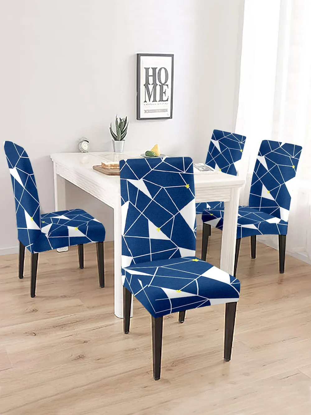 Cortina Spandex Stretchable Navy Blue Geometric Print Polyester Chair Cover Set of 2
