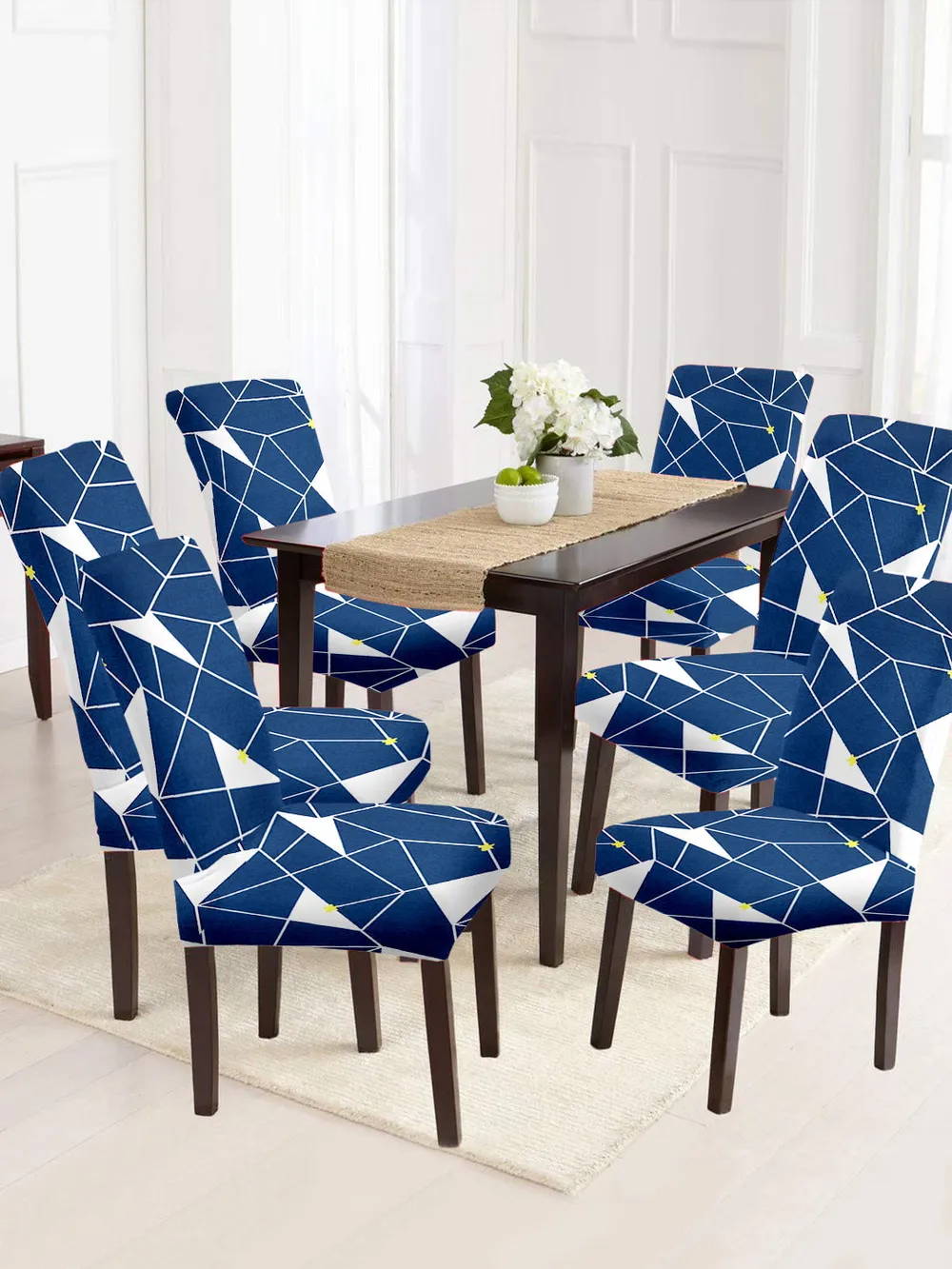 Cortina Spandex Stretchable Navy Blue Geometric Print Polyester Chair Cover Set of 2