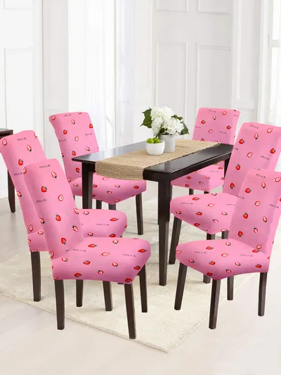 Cortina Spandex Stretchable Pink Abstract Print Polyester Chair Cover (Set of 2, 4 & 6)