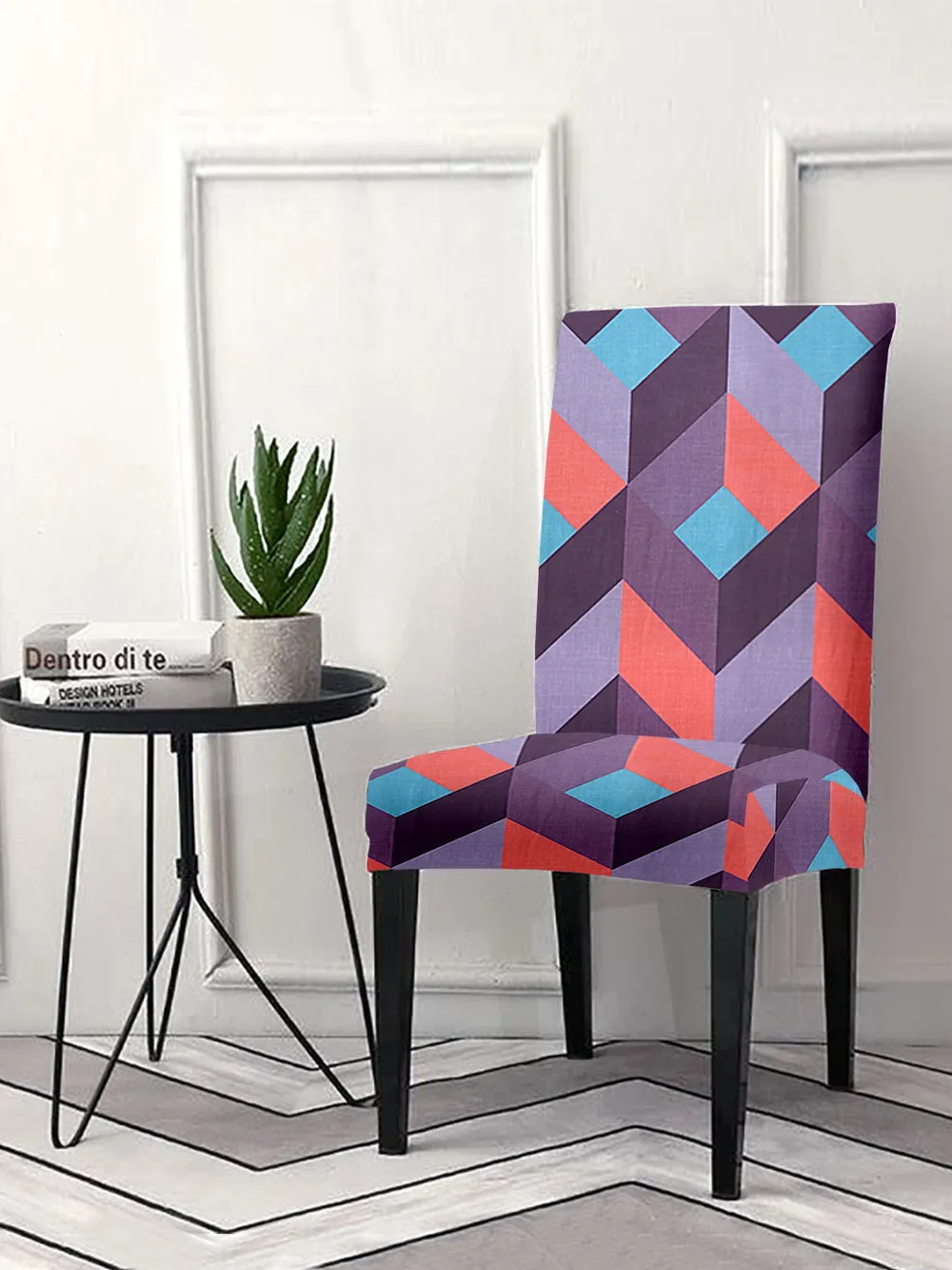 Cortina Spandex Stretchable Pink Geometric Print Polyester Chair Cover (Set of 2, 4 & 6) Pack of 2