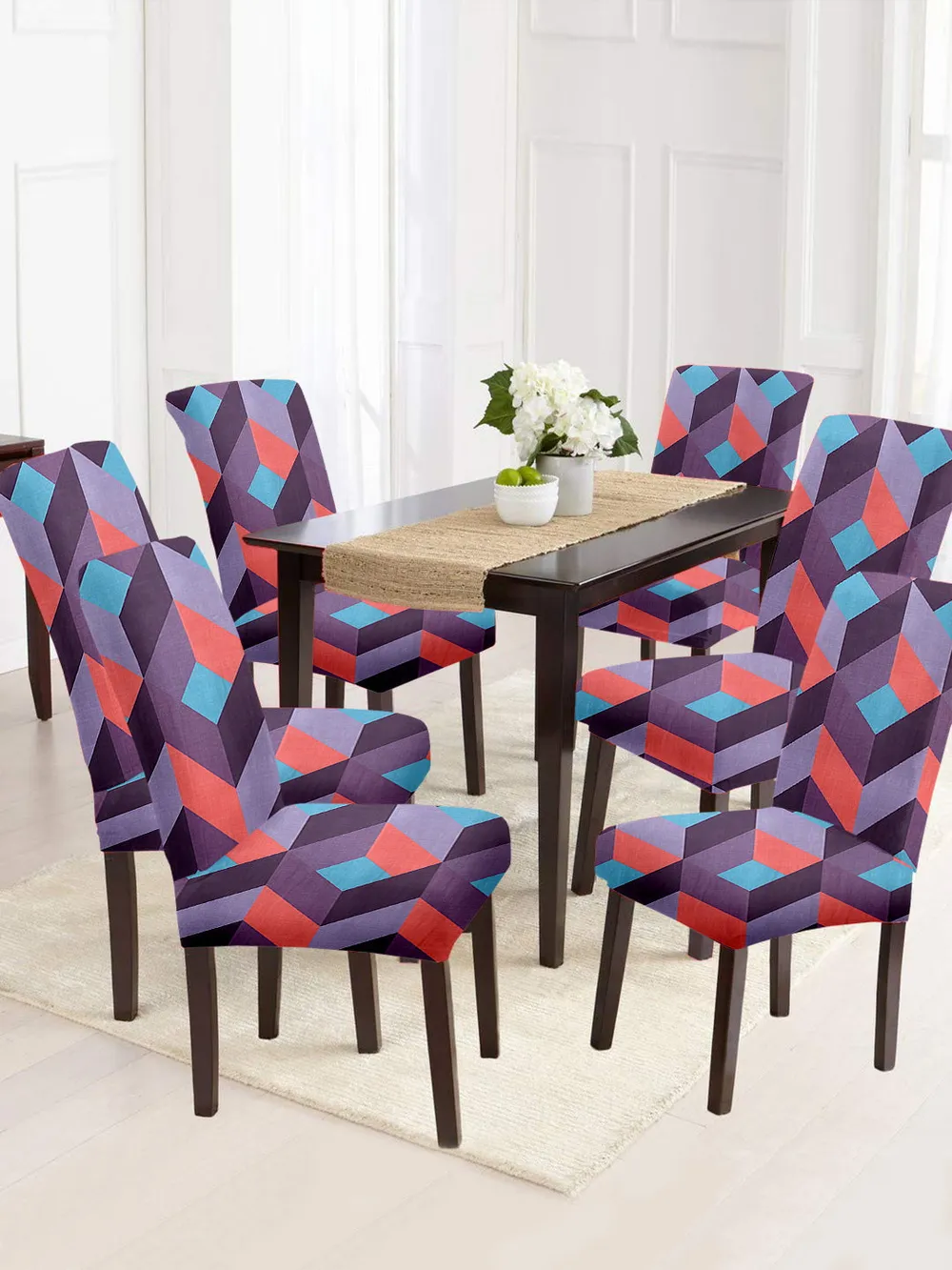 Cortina Spandex Stretchable Pink Geometric Print Polyester Chair Cover (Set of 2, 4 & 6) Pack of 2