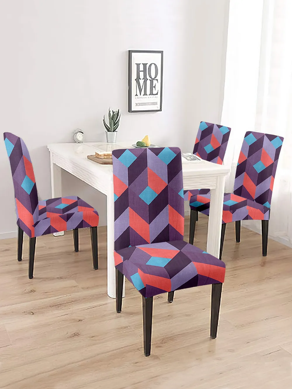 Cortina Spandex Stretchable Pink Geometric Print Polyester Chair Cover (Set of 2, 4 & 6) Pack of 2
