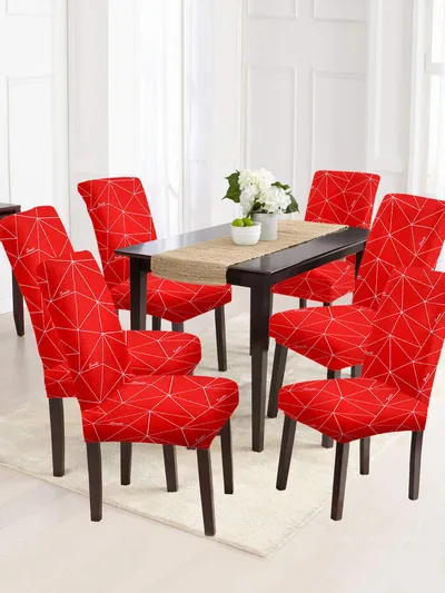 Cortina Spandex Stretchable Red Abstract Print Polyester Chair Cover (Set of 2, 4 & 6)