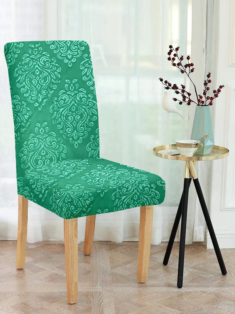 Cortina spandex Stretchable Solid Printed Green Chair Cover Pack of 2