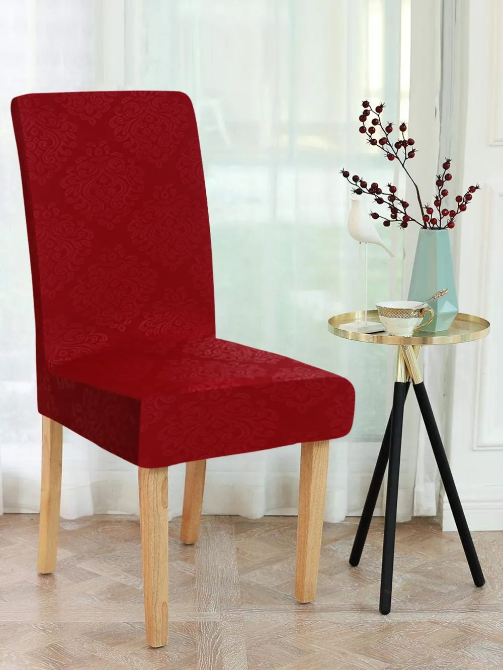 Cortina Spandex Stretchable Solid Textured Elastic Red Chair Cover Pack of 2