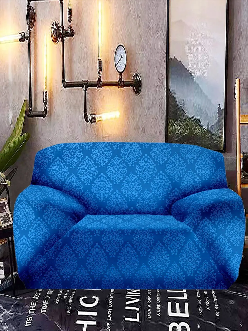 Cortina Spandex Stretchable Traditional Motif Blue Sofa Slip cover One Seater Sofa Slipcover