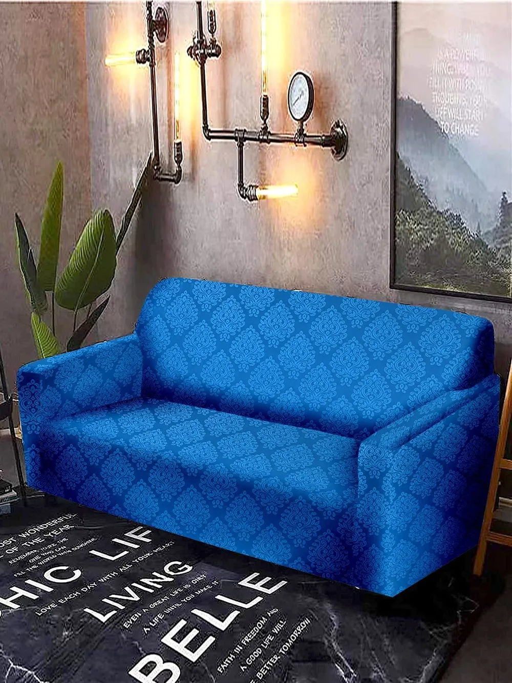 Cortina Spandex Stretchable Traditional Motif Blue Sofa Slip cover One Seater Sofa Slipcover