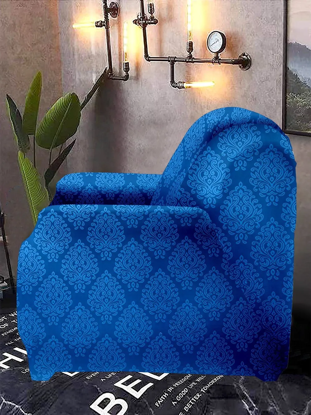 Cortina Spandex Stretchable Traditional Motif Blue Sofa Slip cover One Seater Sofa Slipcover