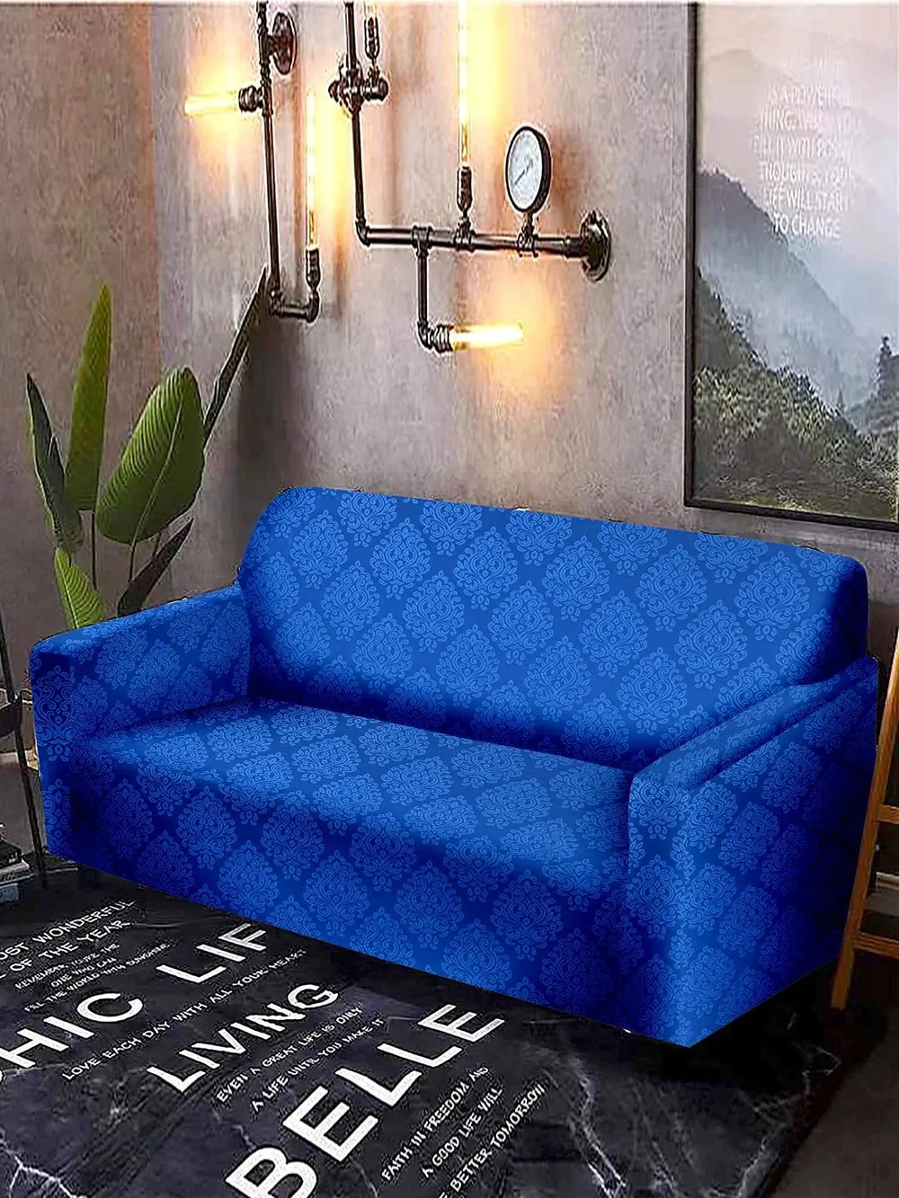 Cortina Spandex Stretchable Traditional Motif Blue Sofa Slipcover One Seater Sofa Slipcover