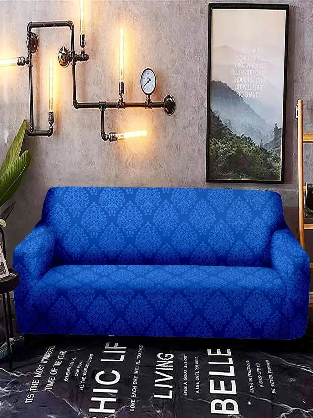 Cortina Spandex Stretchable Traditional Motif Blue Sofa Slipcover One Seater Sofa Slipcover