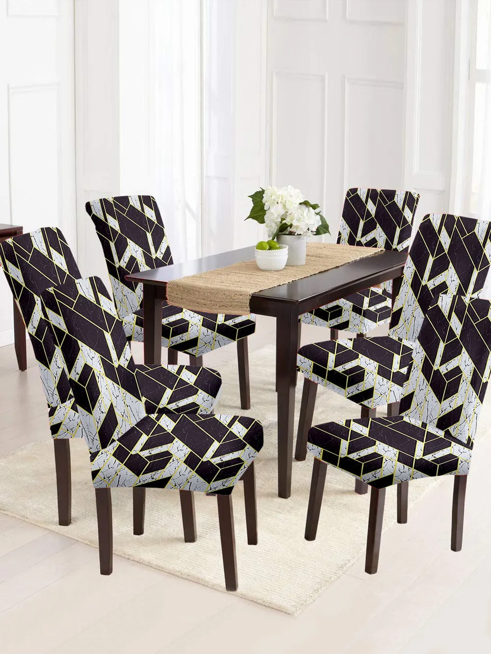 Cortina Spandex Stretchable White Geometric Print Polyester Chair Cover (Set of 2, 4 & 6) Pack of 2