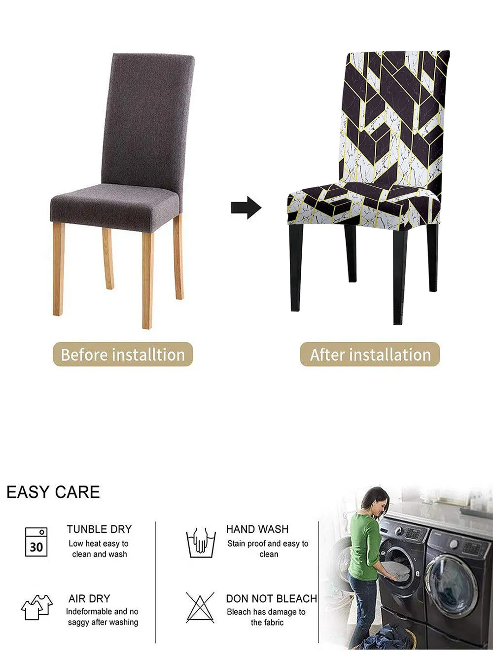 Cortina Spandex Stretchable White Geometric Print Polyester Chair Cover (Set of 2, 4 & 6) Pack of 2