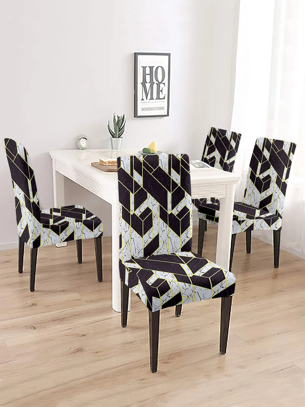 Cortina Spandex Stretchable White Geometric Print Polyester Chair Cover (Set of 2, 4 & 6) Pack of 2