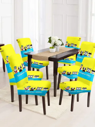 Cortina Spandex Stretchable Yellow Cartoon Print Polyester Chair Cover (Set of 2, 4 & 6)