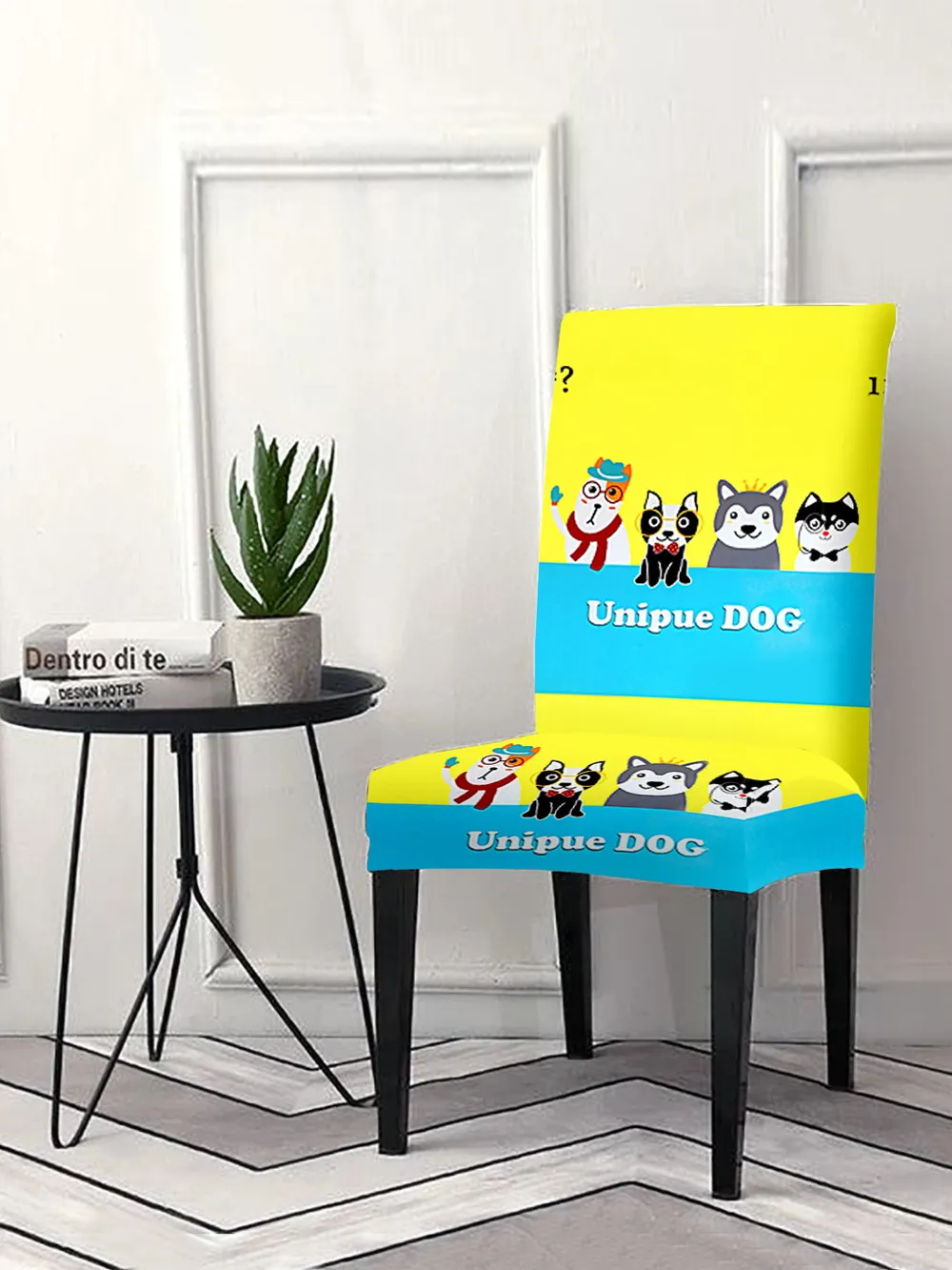 Cortina Spandex Stretchable Yellow Cartoon Print Polyester Chair Cover (Set of 2, 4 & 6) Pack of 2