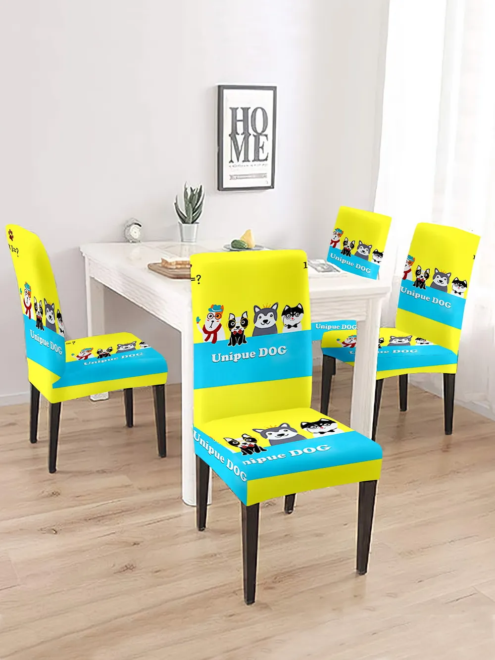 Cortina Spandex Stretchable Yellow Cartoon Print Polyester Chair Cover (Set of 2, 4 & 6) Pack of 2