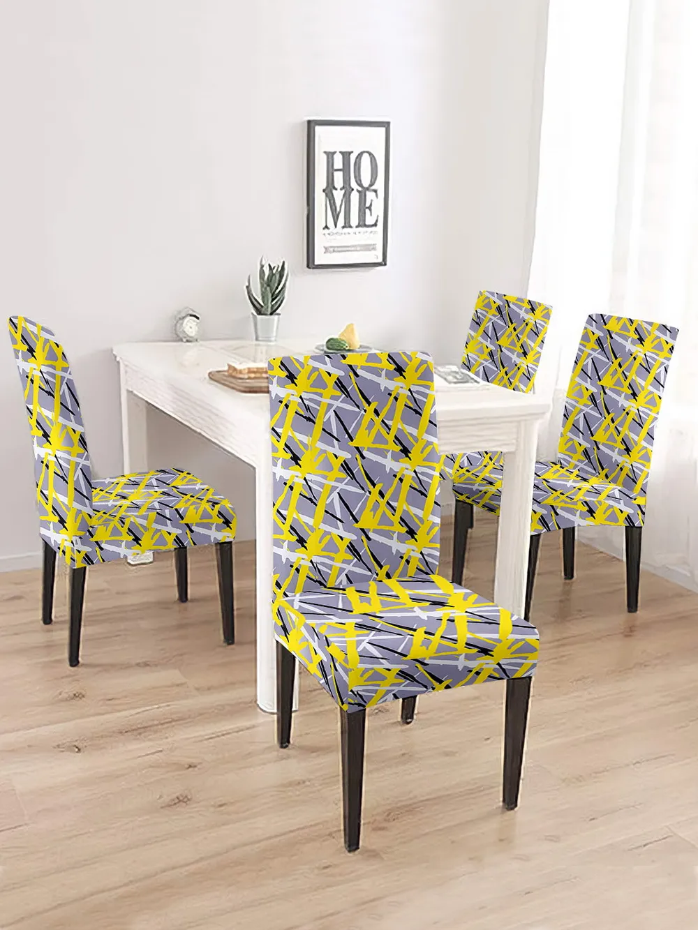 Cortina Spandex Stretchable Yellow Geometric Print Polyester Chair Cover (Set of 2, 4 & 6) Pack of 2