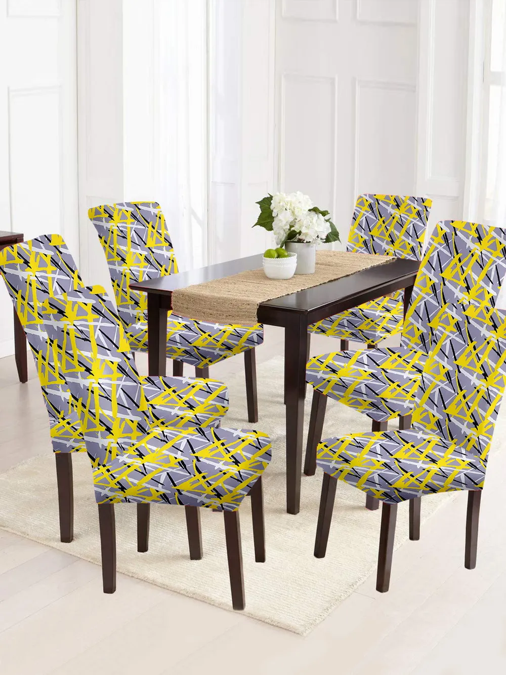 Cortina Spandex Stretchable Yellow Geometric Print Polyester Chair Cover (Set of 2, 4 & 6) Pack of 2