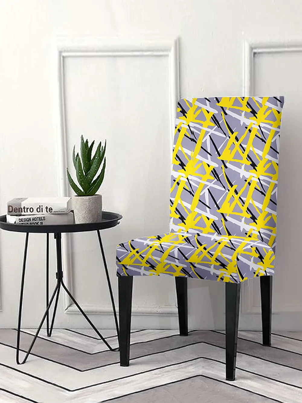 Cortina Spandex Stretchable Yellow Geometric Print Polyester Chair Cover (Set of 2, 4 & 6) Pack of 2
