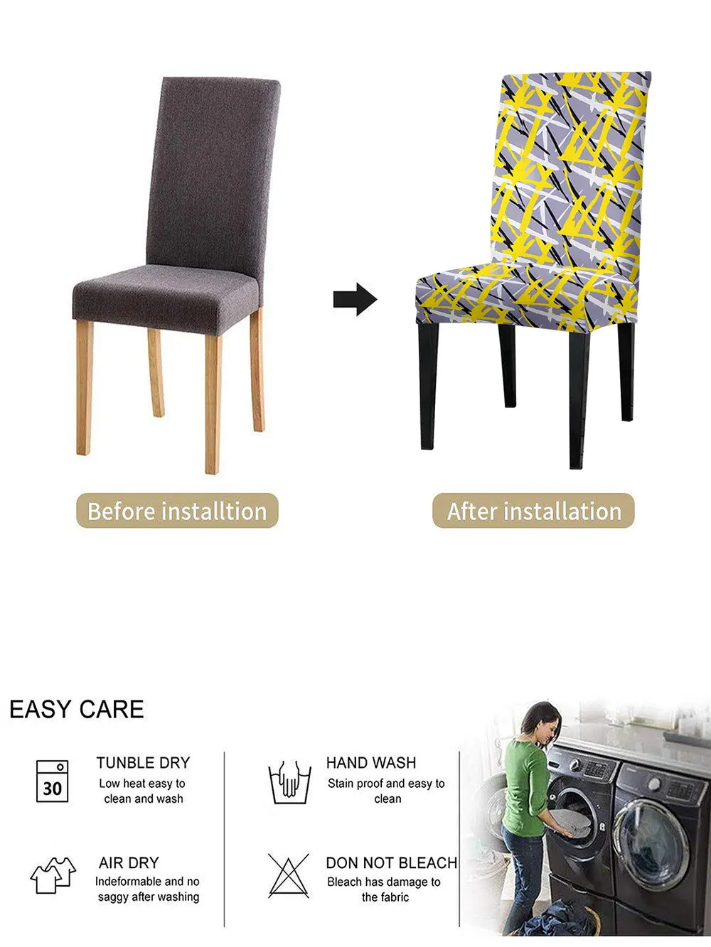 Cortina Spandex Stretchable Yellow Geometric Print Polyester Chair Cover (Set of 2, 4 & 6) Pack of 2