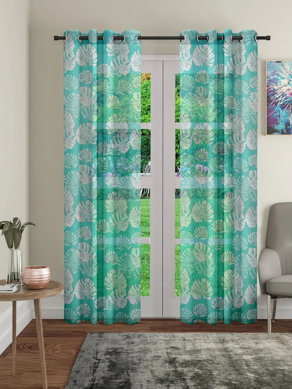 Cortina Tropical Cotyledons Turquoise Sheer Door Net Curtain Regular (7FT X 4FT)