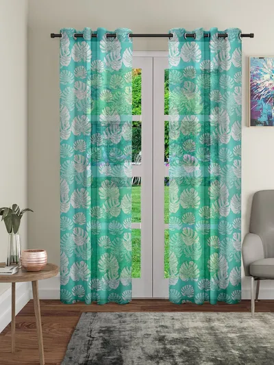 Cortina Tropical Cotyledons Turquoise Sheer Door Net Curtain