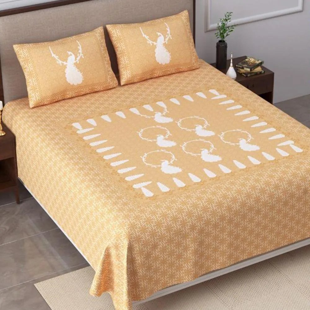 COTTON PRINTED DOUBLE BEDSHEET WITH PILLOW COVERS- ORANGE