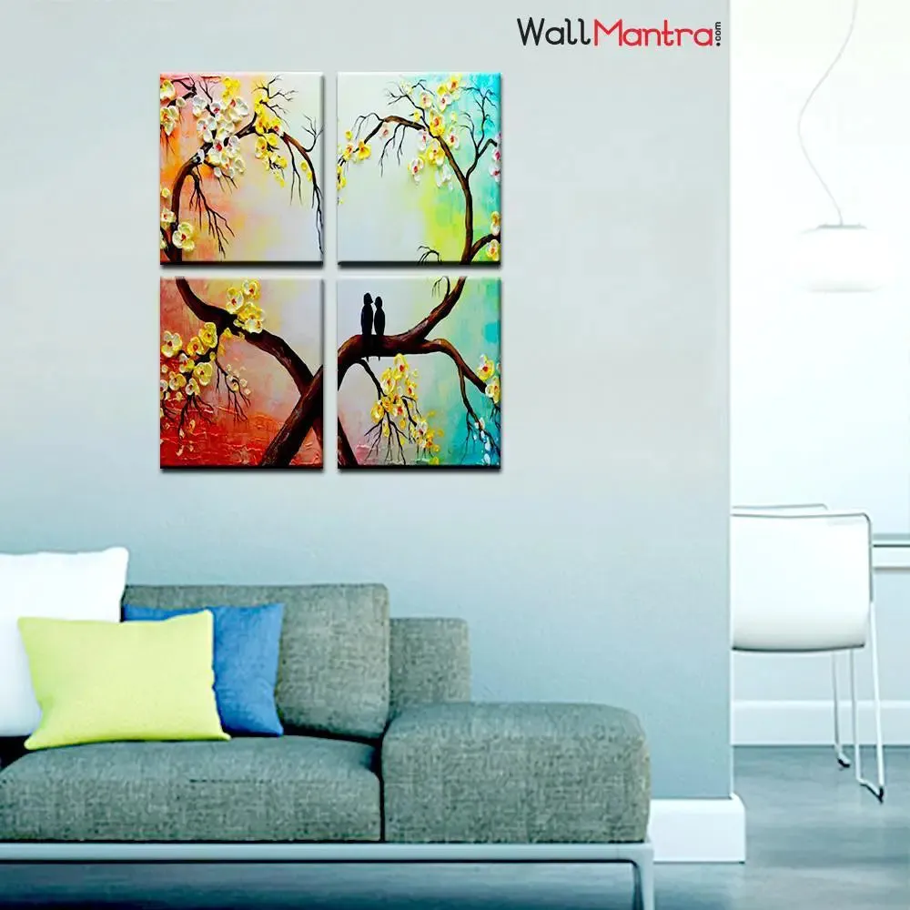 Couple Bird on Heart Branch Romantic Wooden Framed Wall Painting