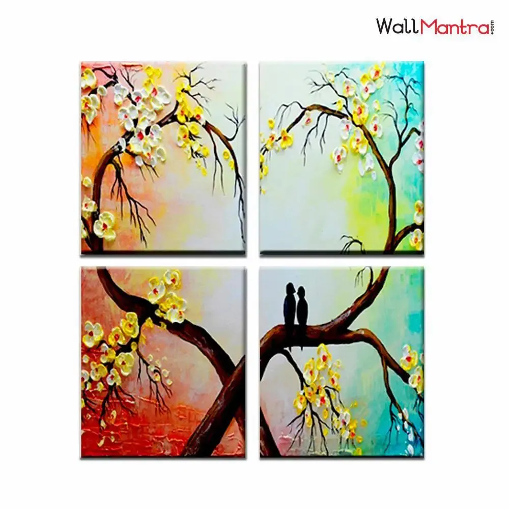 Couple Bird on Heart Branch Romantic Wooden Framed Wall Painting