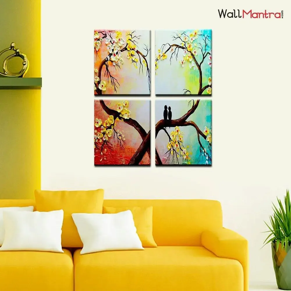 Couple Bird on Heart Branch Romantic Wooden Framed Wall Painting