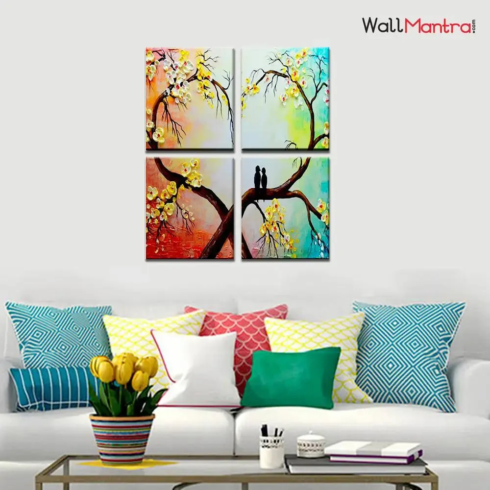 Couple Bird on Heart Branch Romantic Wooden Framed Wall Painting