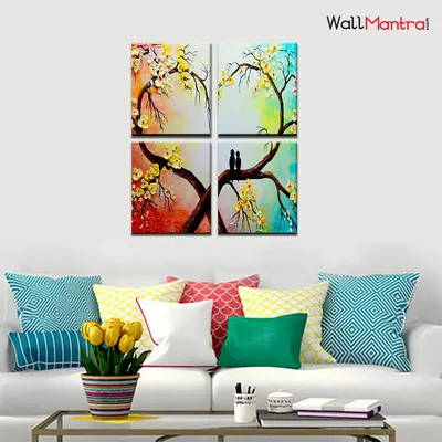Couple Bird on Heart Branch Romantic Wooden Framed Wall Painting