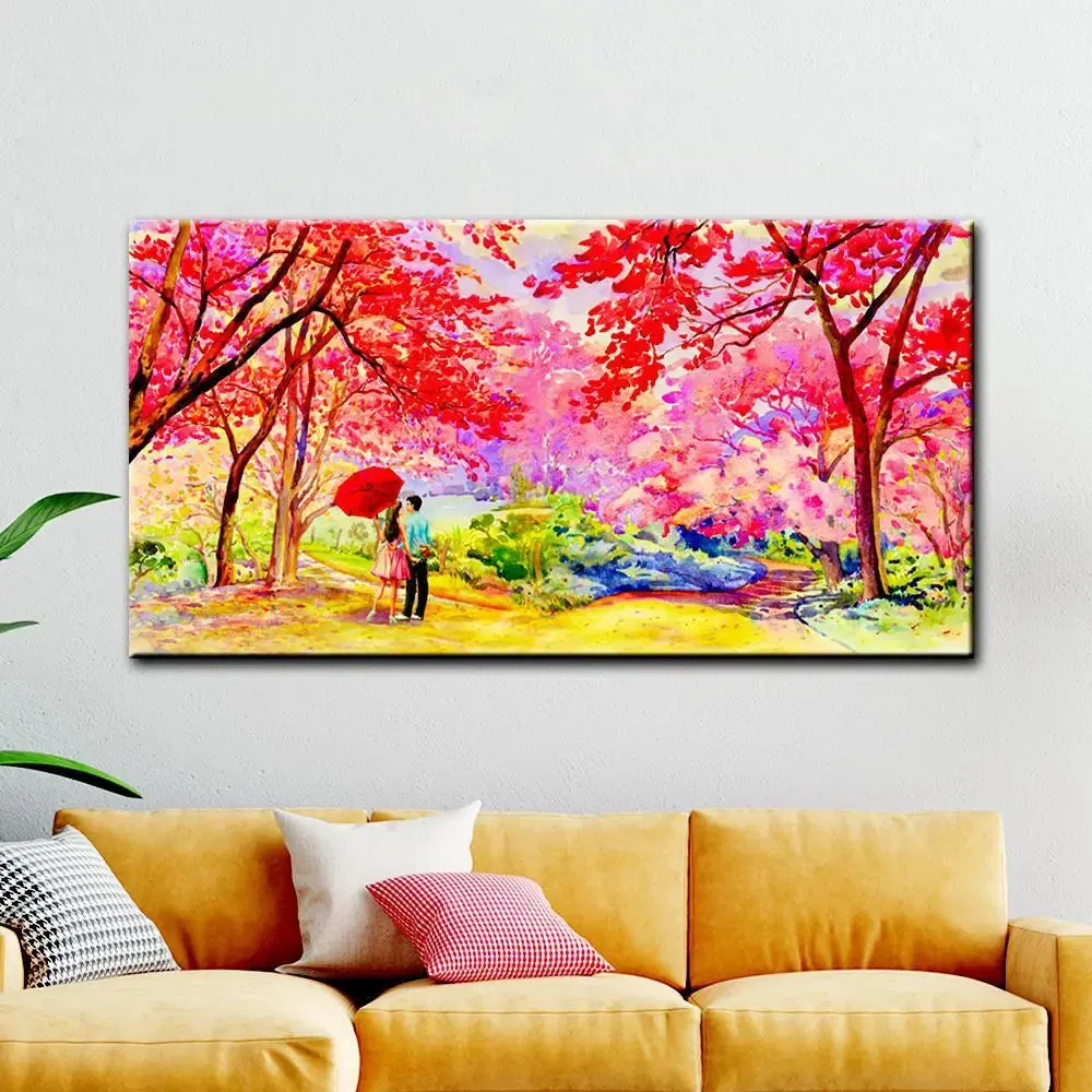 Couple in Beautiful Autumn Garden Canvas Printed Painting With Frame