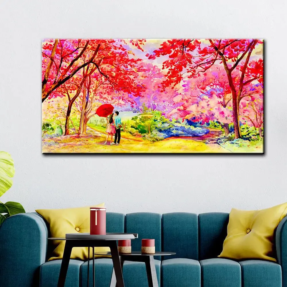 Couple in Beautiful Autumn Garden Canvas Printed Painting With Frame