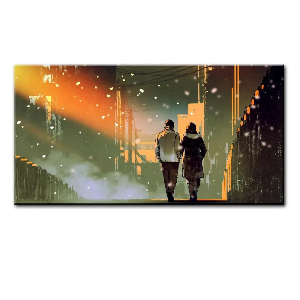 Couple in City Beautiful Scenery Canvas Printed Painting With Wood Frame