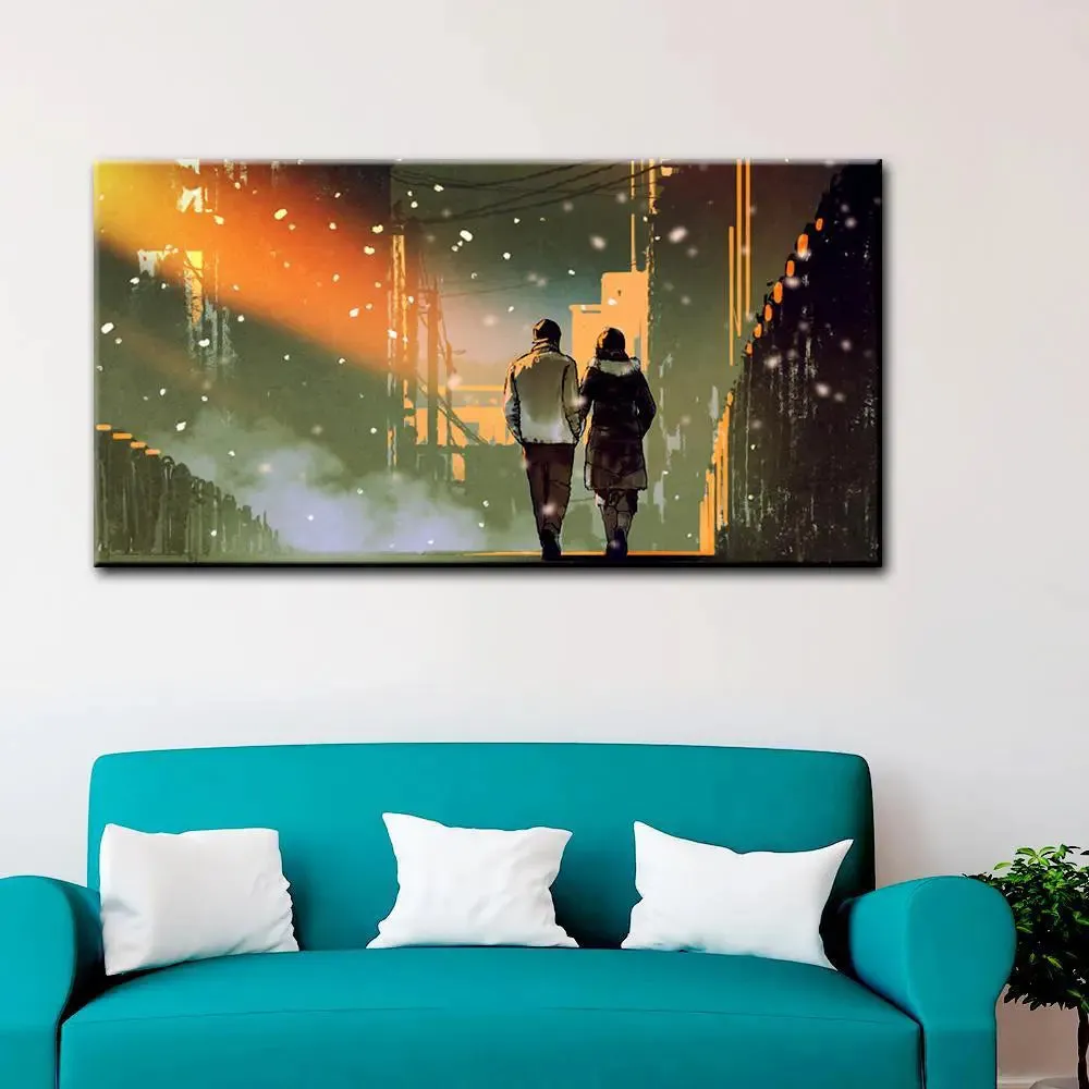 Couple in City Beautiful Scenery Canvas Printed Painting With Wood Frame