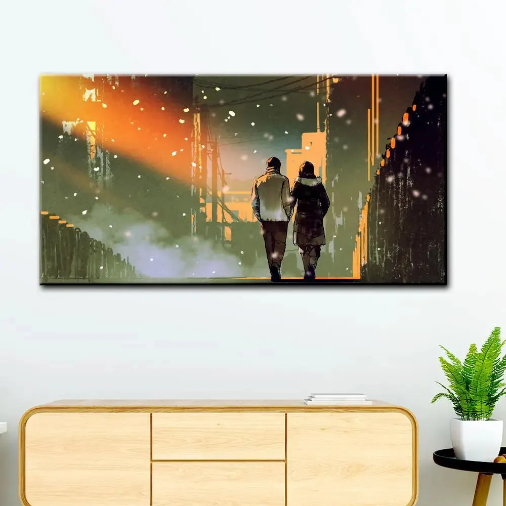 Couple in City Beautiful Scenery Canvas Printed Painting With Wood Frame