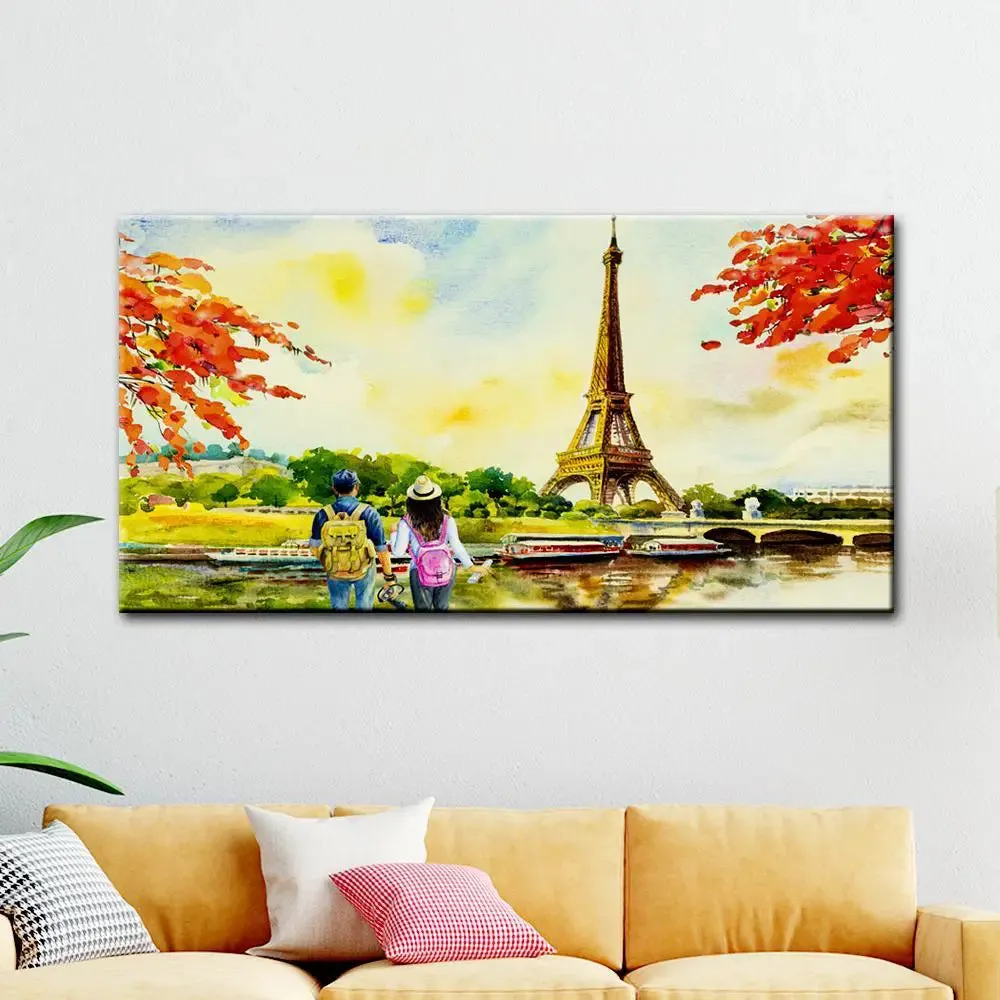 Couple in Paris Beautiful Scenery Canvas Printed Painting With Wood Frame