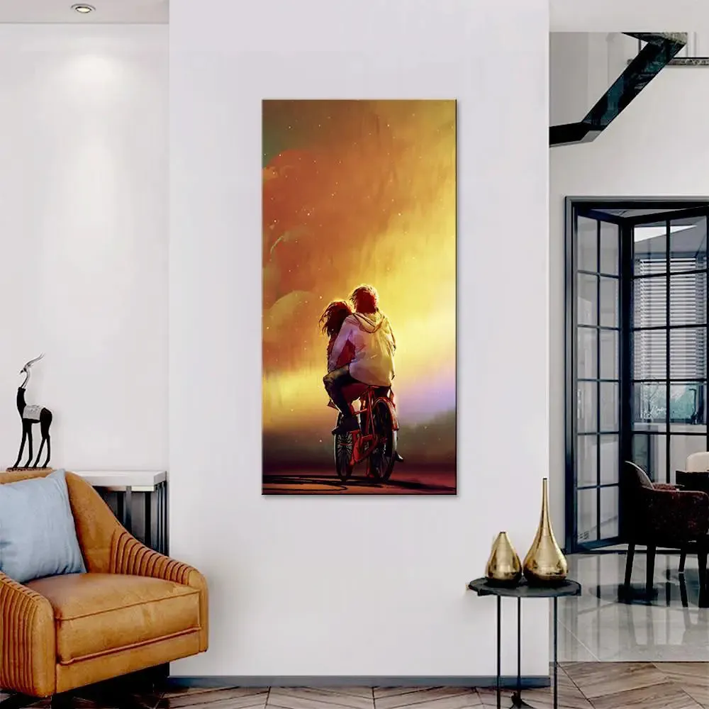 Couple Riding Cycle Canvas Printed Wall Painting With Wood Frame