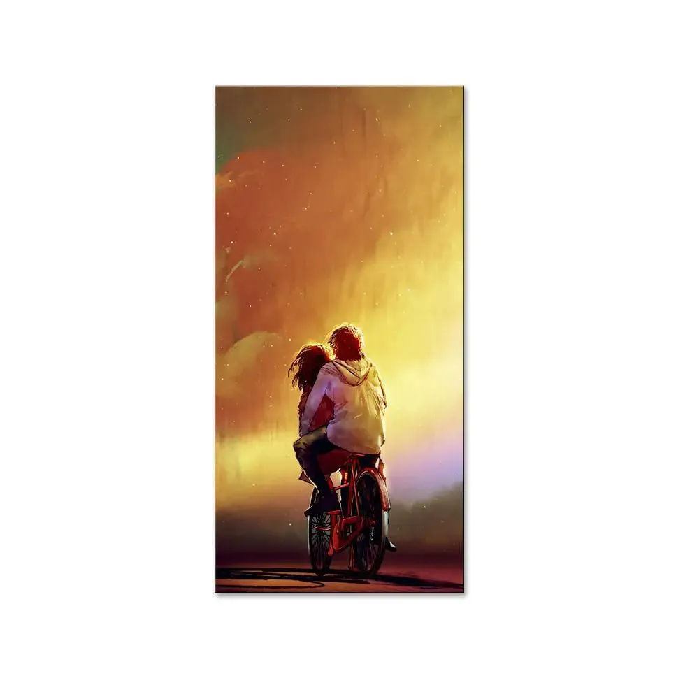 Couple Riding Cycle Canvas Printed Wall Painting With Wood Frame