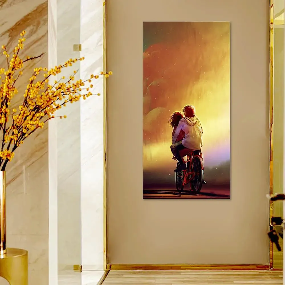 Couple Riding Cycle Canvas Printed Wall Painting With Wood Frame