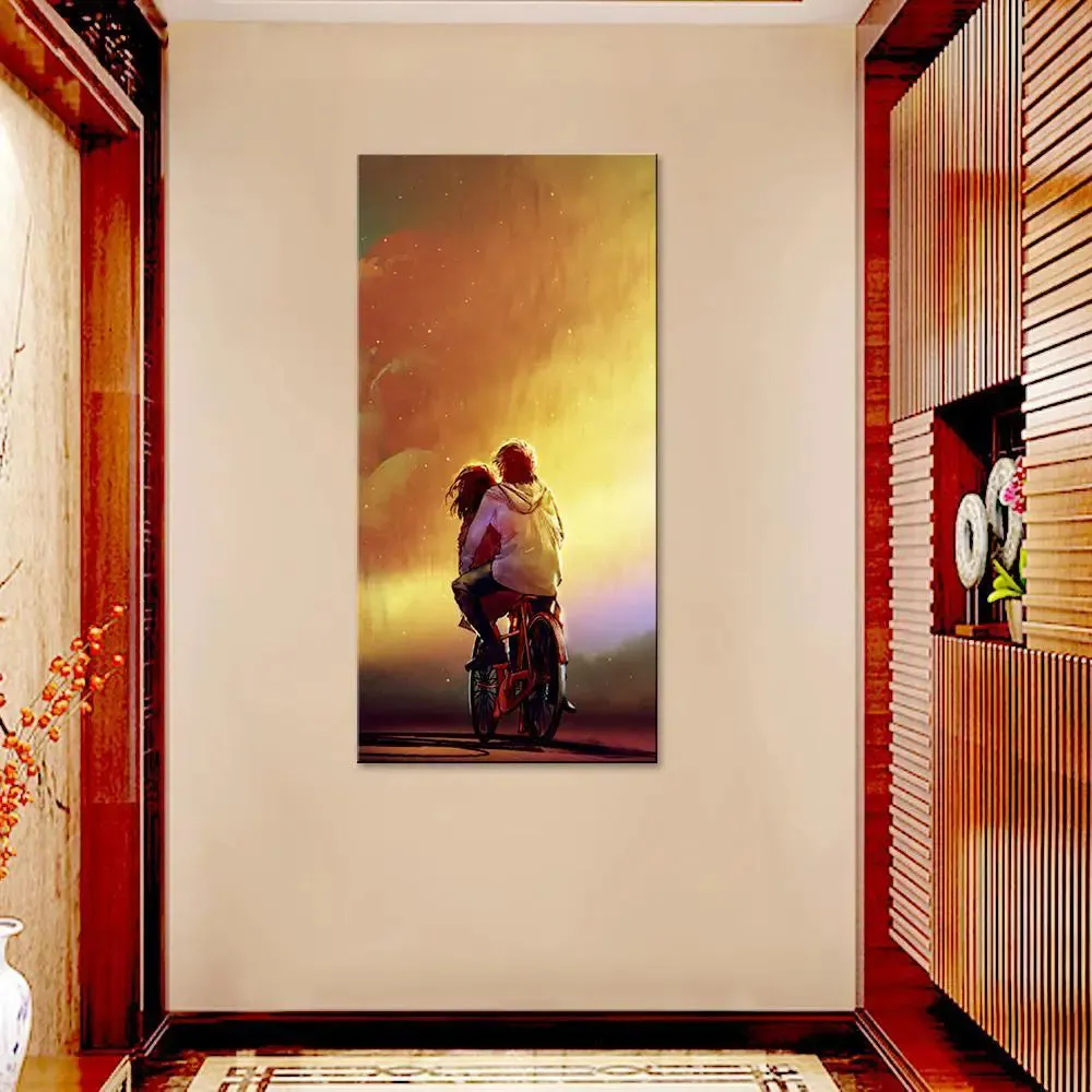 Couple Riding Cycle Canvas Printed Wall Painting With Wood Frame