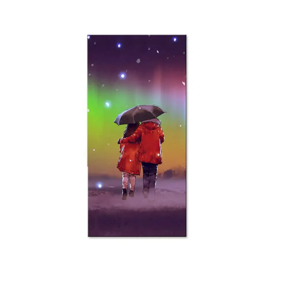 Couple Under Umbrella in Rainy Day Canvas Printed Wall Painting With Wood Frame