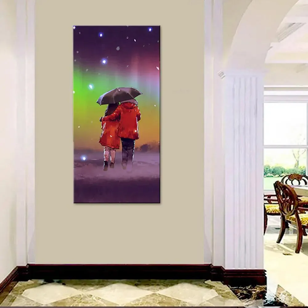Couple Under Umbrella in Rainy Day Canvas Printed Wall Painting With Wood Frame
