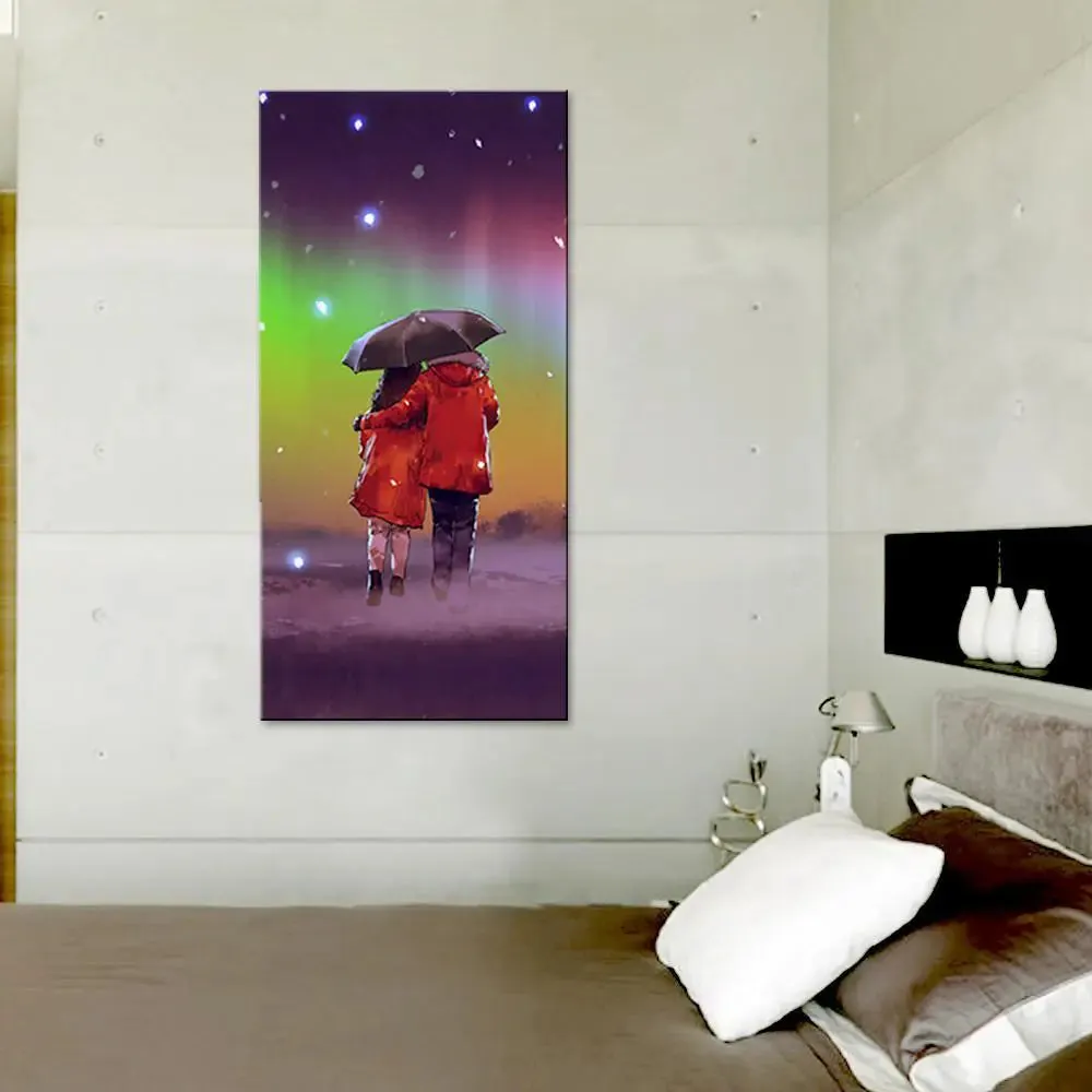 Couple Under Umbrella in Rainy Day Canvas Printed Wall Painting With Wood Frame
