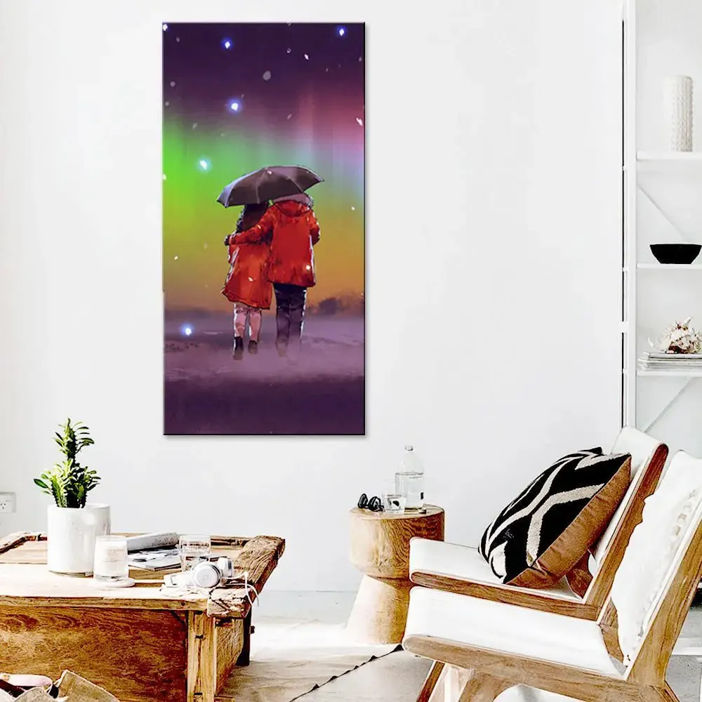 Couple Under Umbrella in Rainy Day Canvas Printed Wall Painting With Wood Frame